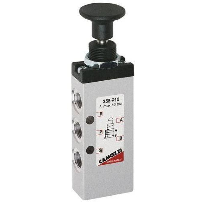 Распределитель пневматический 5/2 моностабильный Camozzi YPPABLEHIE"":""CHEPHAYA-KHOPKA-C-PPYJIHHYIM-BOZBPATOM"" YPPABLEHIE